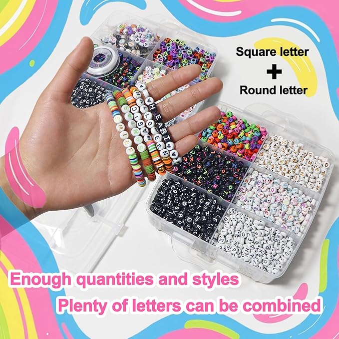 Alphabet Beads A-Z 6500Pcs Letter Beads, Acrylic 6x6mm Round Letter Beads Kits,Black Digit and Colorful Smile Bead for Bracelets Necklaces DIY Jewelry Making