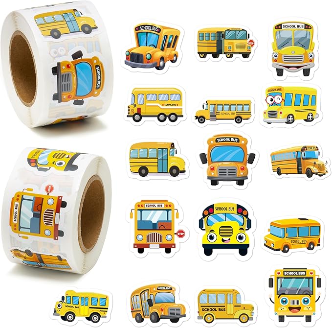 beyumi school bus roll stickers - 1000pcs school bus stickers in 2 rolls back to school waterproof vinyl cartoon transportation decals for laptop bottle notebook luggage computer classroom decor kids