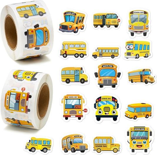 beyumi school bus roll stickers - 1000pcs school bus stickers in 2 rolls back to school waterproof vinyl cartoon transportation decals for laptop bottle notebook luggage computer classroom decor kids