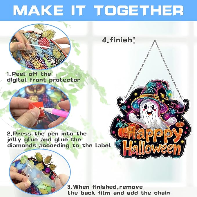 VAIIEYO Halloween Diamond Art Hanging Ornament, Ghost Diamond Painting Suncatchers Window Hanging Kit with Chain, 7.5x7.5 inch Crystal Pendant Art Craft for Gift Home Wall Front Door Decoration