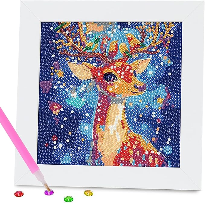 PERFECTSIGHT Cute 5D Diamond Art Kits with Wooden Frame, Kawaii DIY Painting Art for Adults Teen, Diamond Arts and Crafts Sets, Big Gem Full Drill Diamond Dots for Women Beginners (Sika Deer)