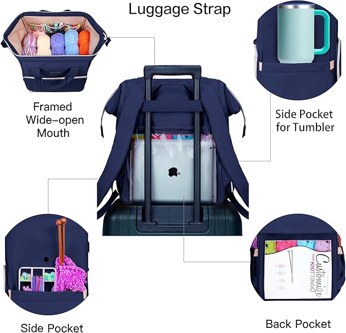 Leudes Knitting Bag Backpack,Yarn Storage Organizer Large Crochet Bag Tote Christmas Gift Yarn Holder Case for Carrying Projects,Knitting Needles (Navy Blue)