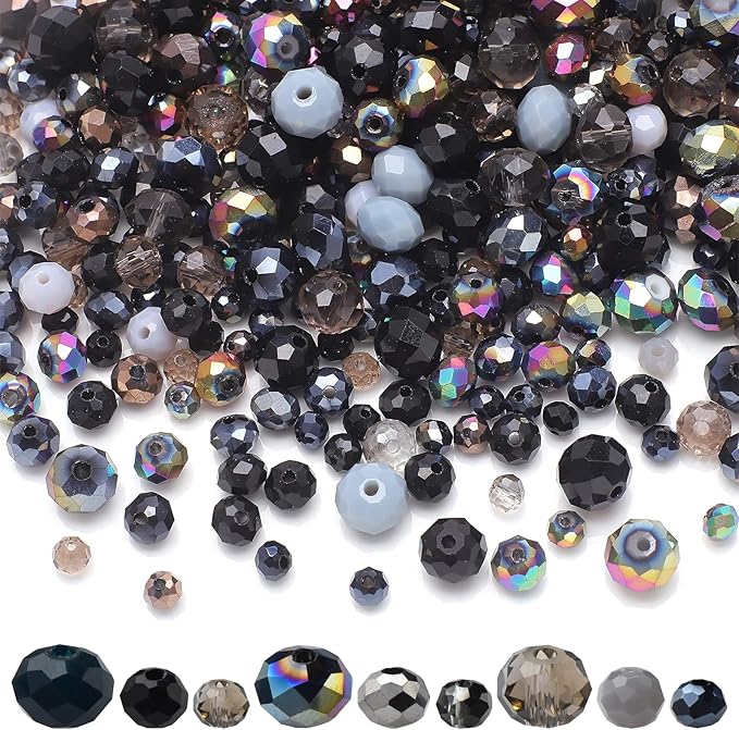 1000pcs Faceted Rondelle Beads,4/6/8mm Crystal Glass Beads for Jewelry Making Assorted 3 Sizes Spacer Loose Beads with Storage Box(Black Color)