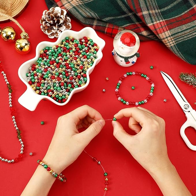 UPINS 1200Pcs Christmas Pearl Beads, Red Green Gold Silver Round 8 mm Pearl Beads for Jewelry Making Christmas Holiday Party Decoration Necklace Bracelets Earrings Hair Beads DIY Crafts Supplies