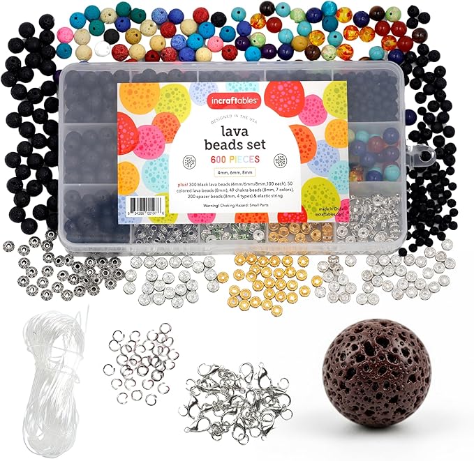 Incraftables 600+ Lava Beads Collection – Natural Volcanic Rock for Jewelry Making – Black 4mm 6mm 8mm Sizes, Chakra Stones, Colorful Beads, Spacers & Complete Jewelry Findings Set