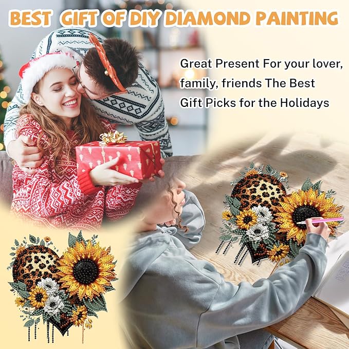 Bowetile Heart-Shaped Flower Diamond Art Hanging Kits for Adults, Diamond Art Suncatchers Sunflowers, 5D Special Shape Diamond Painting Pendant Window Ornament Gifts for Home Wall Decor