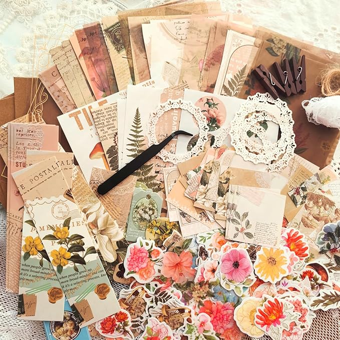 Flartmo 313 Pcs Complete Scrapbook Supplies Kit, Vintage Scrapbook Paper & Nature Flower Stickers, Junk Journal Scrapbooking Supplies Kit for Journaling, Scrapbooking Embellishments, Planner, Card