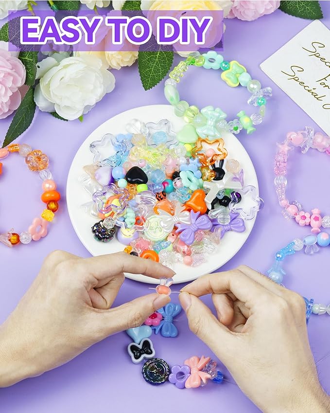 450PCS FIVEIZERO Assorted Acrylic Beads for Bracelet Making, Flower Star Heart Butterfly Candy Gummy Bear Kawaii Aesthetic Cute Beads for Jewelry Making, Keychains, Necklace, Phone Charms, DIY Crafts