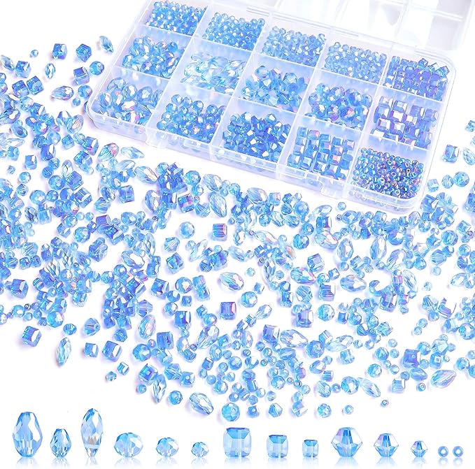 1500 Pcs Crystal Glass Beads for Jewelry Making – 12 Styles Bicone, Rondelle, Cube, Teardrop & 3mm Spacer Beads, DIY Bracelet Necklace Earring Craft Kit with Organizer Box(Blue)
