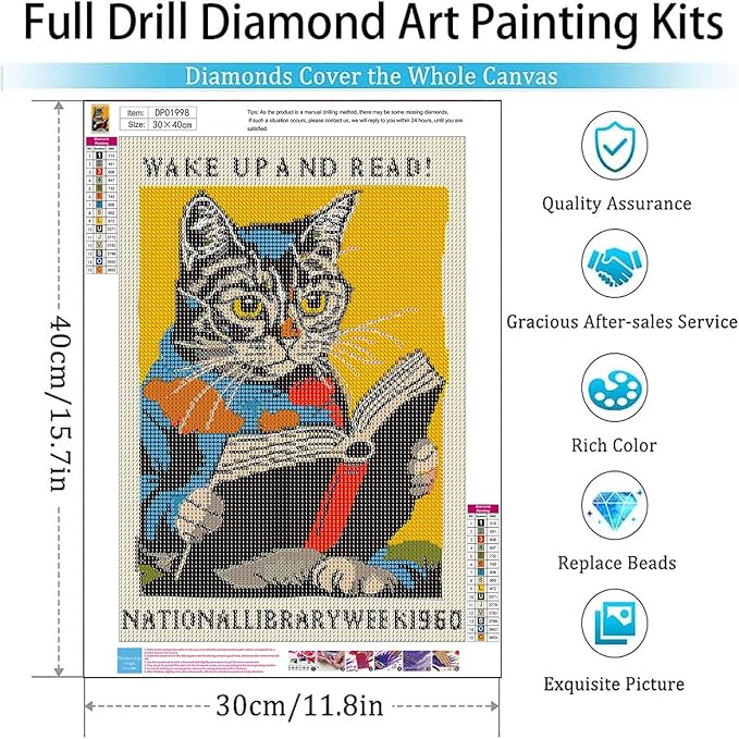 ARPADAMO Diamond Art Kits for Adults,5D Reading Cat Diamond Painting DIY cat Diamond Art Diamond Painting Kits for Adult,Round Full Drill Diamonds, Diamond Art Kits for Home Decor-12x16inch