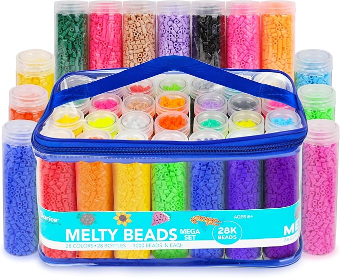 darice fuse beads kit – 28,000 assorted melty iron beads bulk set with storage case - 28 colors in reusable bottles, diy art craft supplies for kids creative projects ages 6+
