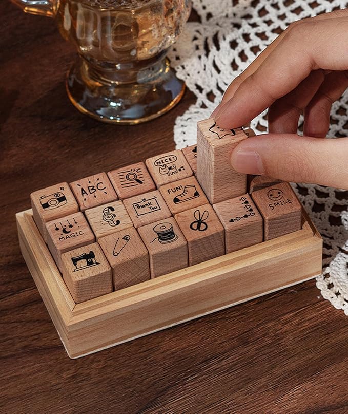 18pcs Routine Deco Theme Wooden Rubber Stamps Kit, Cute Small Stamps for Decorative Diary Planner DIY Craft Scrapbook Card Making Letters Journal