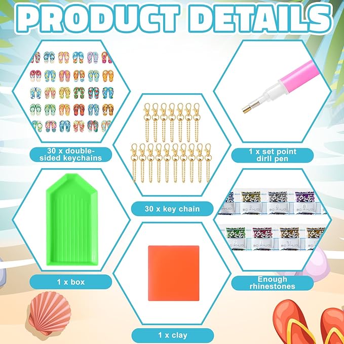 Huquary 30 Pcs Summer Diamond Art Flip Flop Diamond Painting Keychains Kits for Aldults Double Sided 5d Rhinestones Beach Slipper Hanging Key Chains Ornaments for Beginners DIY Crafts Party