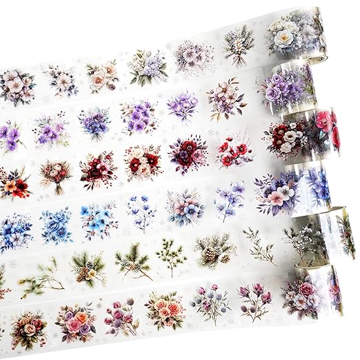 6-Roll Winter Floral PET Tape Set, Pre-Cut Transparent Waterproof Flower Sticker Rolls for Scrapbooking, Journals, Planners, DIY Crafts, Cards and Gift Wrapping