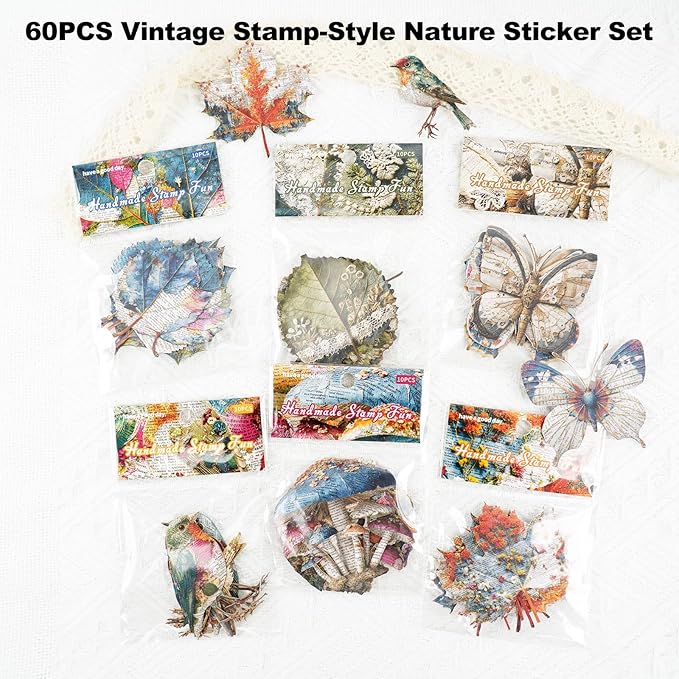 Retro Natural Collage Cardstock Sticker Pack – 60pcs Butterflies Birds Leaves Mushrooms DIY for Scrapbook Junk Journal Cardmaking Tags Collage & Item Decoration