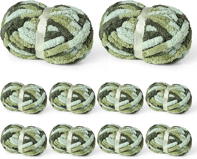 10 Pack Jumbo Chunky Yarn for Hand Knitting, Fluffy Variegated Chunky Chenille Yarn for Crocheting, 240yds/70.5oz Super Bulky Soft Crochet Baby Blanket Yarn(Forest Green)