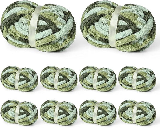 10 Pack Jumbo Chunky Yarn for Hand Knitting, Fluffy Variegated Chunky Chenille Yarn for Crocheting, 240yds/70.5oz Super Bulky Soft Crochet Baby Blanket Yarn(Forest Green)