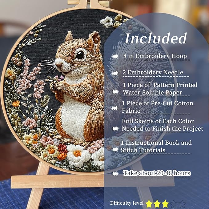 FONNUY Funny Squirrel Floral Embroidery Kit, Cross Stitch Kits for Beginners, Handmade Crafts with Printed Patterns for Beginner Adults, Easy to Follow Color Thread Needlework, 8'' Hoop (Smart)