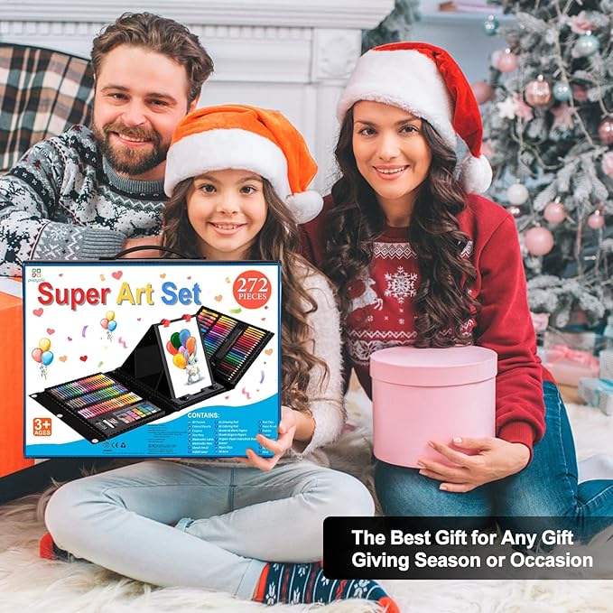 Art Supplies, 272 Pack Art Set Drawing Kit for Girls Boys Teens Artist, Deluxe Gift Art Box with Trifold Easel, Origami Paper, Coloring Book, Drawing Pad, Pastels, Crayons, Pencils, Watercolors(Black)