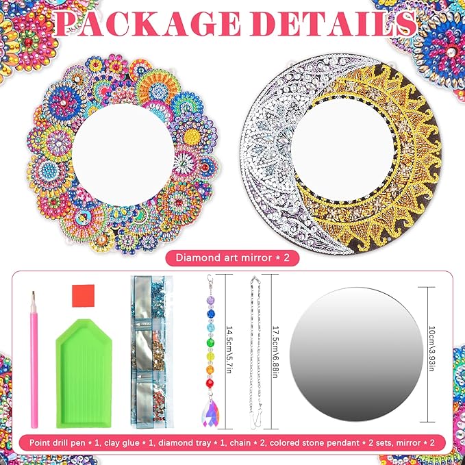 2Pcs DIY Diamond Painting Mirror, Moon Mandala Makeup Mirror, Special Shaped Crystal Suncatcher for Beginner Arts Crafts Gifts Home Decor (10x10 Inch)