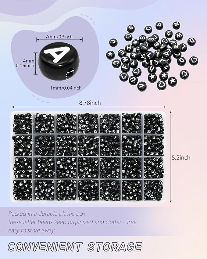 1400pcs Black Letter Beads Star and Heart Beads 7x4mm Alphabet for Jewelry Making
