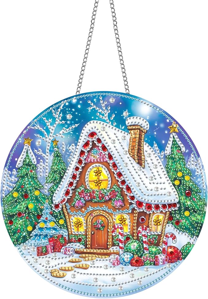Pavemlo Hanging Diamond Art Kits for Adults Christmas Snow – 8x8 Inch Double-Sided Acrylic Board DIY Crystal Diamond Suncatcher Pendant, Sparkling Home Wall or Window Decoration Handmade Gift
