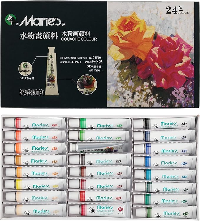 Marie's Artist Gouache Paint Sets - Highly Pigmented Gouache for Painting, Artists, Illustrators & Designers - Set of 24 Assorted Color Tubes (12mL/0.4oz)