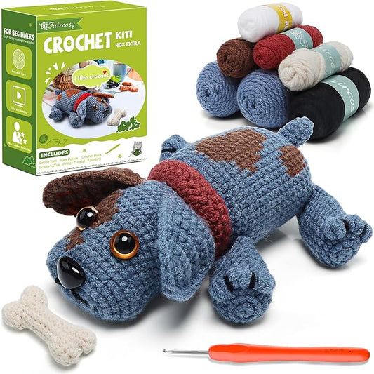 Faircosy Animal Crochet Kit for Beginners Adults: Learn to Crochet Starter Kits with Detailed Video Tutorials - DIY Crochet Cute Dog Kit for Women Men