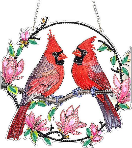 QENSPE DIY Hanging Diamond Painting Pendant Kit Cardinal,Magnolia Diamond Art Ornament Kit Acrylic Board for Window,Easy Crystal Pendant Gem Art for Home Garden Wall Decor,20x20cm