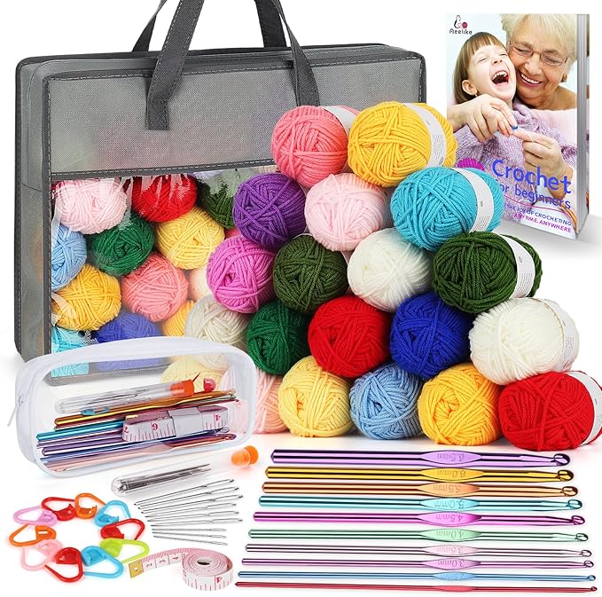 Crochet Yarn for Crocheting, Aeelike 1093 Yards Acrylic Yarn for Knitting,Full Crochet Kits for Beginners and Professionals, Aluminum Crochet Hooks, Instruction Book and Grey Storage Bag