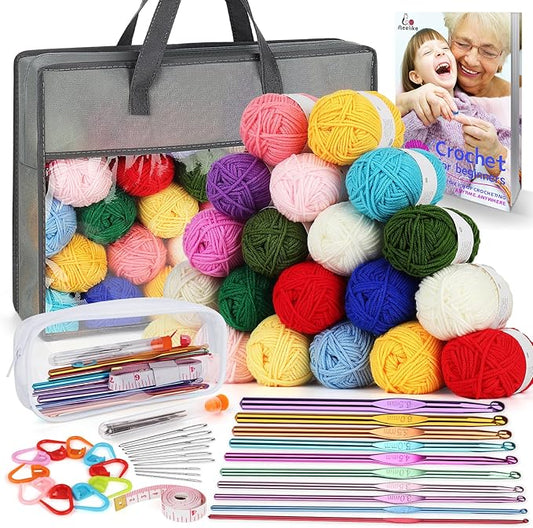 Crochet Yarn for Crocheting, Aeelike 1093 Yards Acrylic Yarn for Knitting,Full Crochet Kits for Beginners and Professionals, Aluminum Crochet Hooks, Instruction Book and Grey Storage Bag