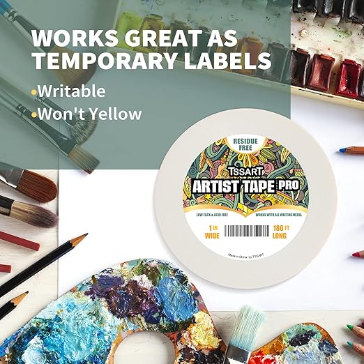 White Artist Tape Pro - Low Tack Masking Artists Tape for Drafting Art Watercolor Painting and All Paper Media - Acid Free 1inch Wide 180FT Long