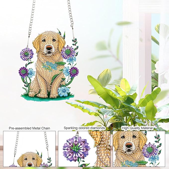 AiYuanzsh Golden Retriever Dog Diamond Art Painting Hanging Pendant Kit Animal Special Shaped Diamond Dots Art Acrylic Ornaments Diamond Art Pendant for Adult Home Wall Window Decor Gift