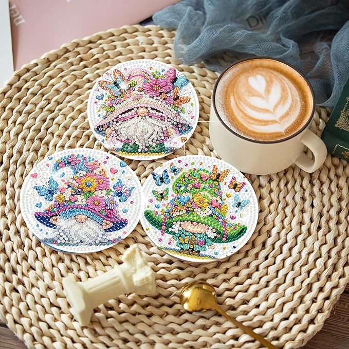 igoodom 8 Pcs Gnome Diamond Art Coasters Kit with Holder, DIY Gnome Diamond Painting Coasters for Beginners Adults, Non Slip Diamond Art Kits Craft Supplies 4x4inch