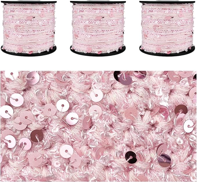 Artisanal Yarn Collection Multifiber Fancy Yarn with Pink Sequins for Knitting Crocheting Crafts DIY, Set of 3 Rolls (Pink Sequins)