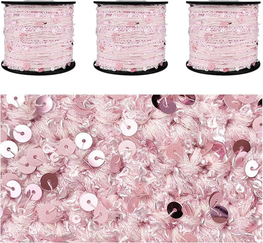 Artisanal Yarn Collection Multifiber Fancy Yarn with Pink Sequins for Knitting Crocheting Crafts DIY, Set of 3 Rolls (Pink Sequins)
