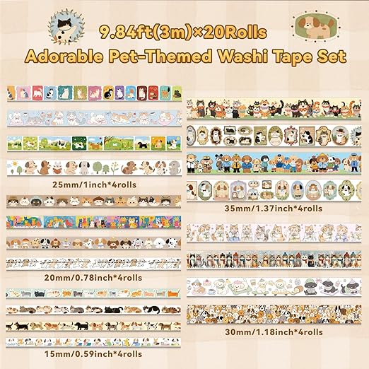 Cat Dog Washi Tape Set 20 Rolls, Cute Decorative Masking Tape for Junk Journal and Scrapbooking, DIY Crafting Supplies