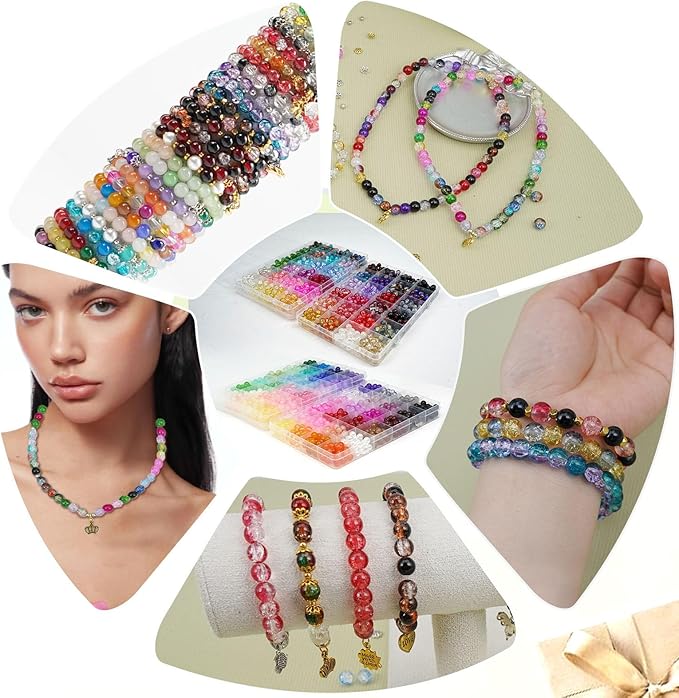 Hanyoung 8mm Glass Beads for Bracelet Making kit, 96 Colors 2900 pcs Crackle and Solid Beads Jewelry Making, Crystal Glass Round Beads for DIY Crafts Gifts (Solid & Crackle Color)
