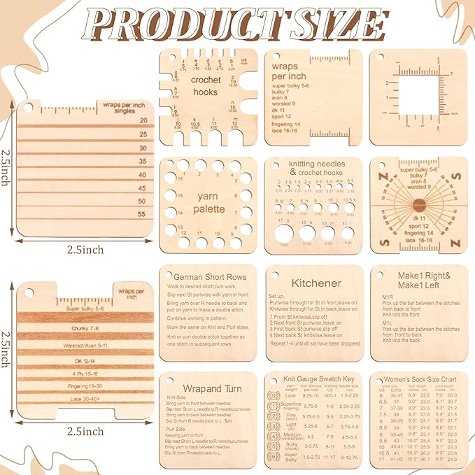 Eersida 15 Pcs Knitting Needle Gauge and Rulers Crochet Tools Knitting Accessories Wooden Yarn Gauge Tools with Chain Crochet Needle Rulers Yarn Measuring Tools