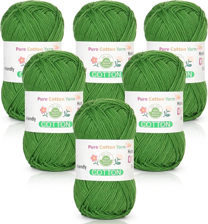 Katech Pure Cotton Yarn for Crocheting & Knitting–Soft Sport Weight CYC #2, 6 Skeins (50g Each, 300g Total), Ideal Crochet Yarn for Dishcloths, Baby Clothes, Socks, Lightweight Scarves（Grass）