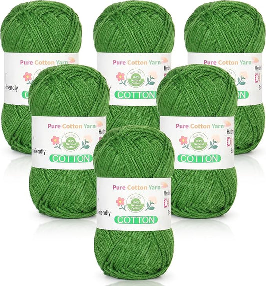 Katech Pure Cotton Yarn for Crocheting & Knitting–Soft Sport Weight CYC #2, 6 Skeins (50g Each, 300g Total), Ideal Crochet Yarn for Dishcloths, Baby Clothes, Socks, Lightweight Scarves（Grass）