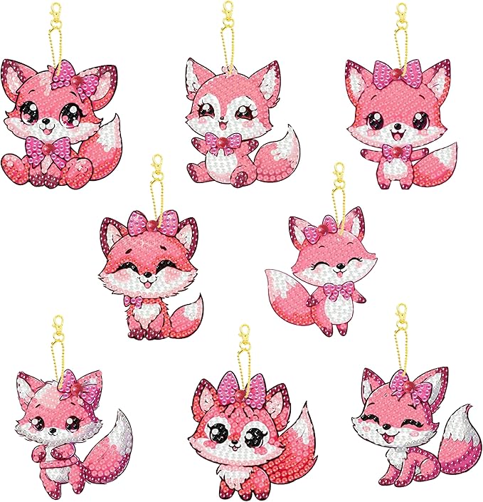 Masendp 8 Piece 5D DIY Animal Diamond Painting Keychain Set, Pink Fox Diamond Pendant Hanging Animal Art Decoration for Adult Beginner Pack Birthday Family Party Decoration