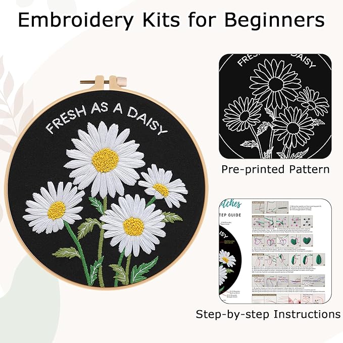 Nuberlic Daisy Embroidery Kits for Beginners, DIY Cross Stitch Starter Kit for Adults Including Cloth with Pattern, Hoop, Needles Instruction and Threads