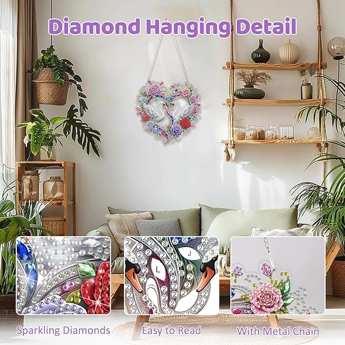 MEIYUDA Valentine's Day Diamond Art Hanging Kits for Adult, Two Swans Diamond Painting Hanging Kits Ornaments, DIY Love Special Shaped Rhinestone Window Pendants kit for Home Garden Wall Decor Gift