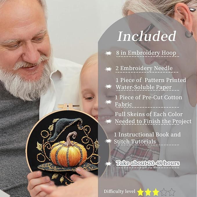 FONNUY Pumpkin Embroidery Kit for Beginners, Pre-Stamped Pattern Kits for Adults with Hoop, Easy to Follow Color Thread Needlework, 8'' Hoop (Witch Hat 2)