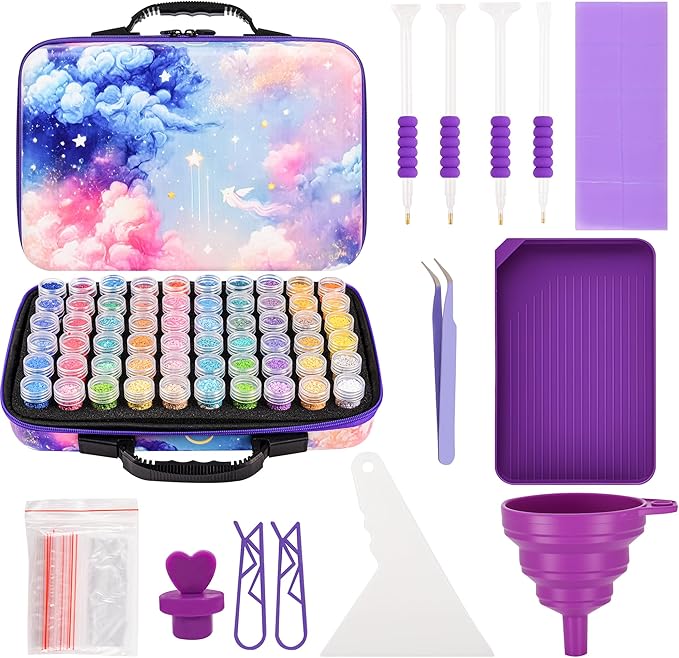 60 Slots Diamond Painting Storage Container, Diamond Art Kits for Adults Stackable Bead Organizer with Carrying Handle, Craft Storage Box with Accessories (Celestial Journey-60 Slots)