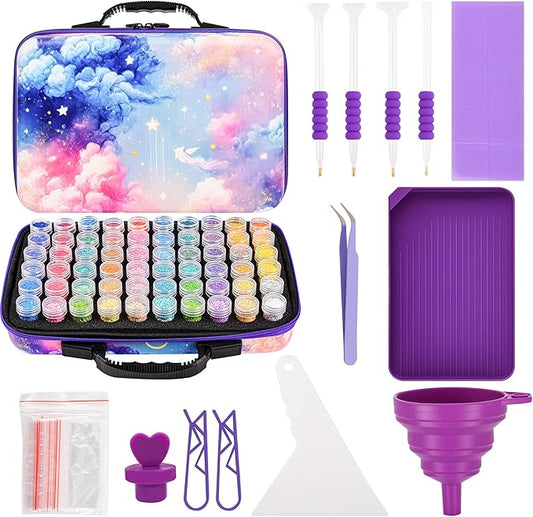 60 Slots Diamond Painting Storage Container, Diamond Art Kits for Adults Stackable Bead Organizer with Carrying Handle, Craft Storage Box with Accessories (Celestial Journey-60 Slots)