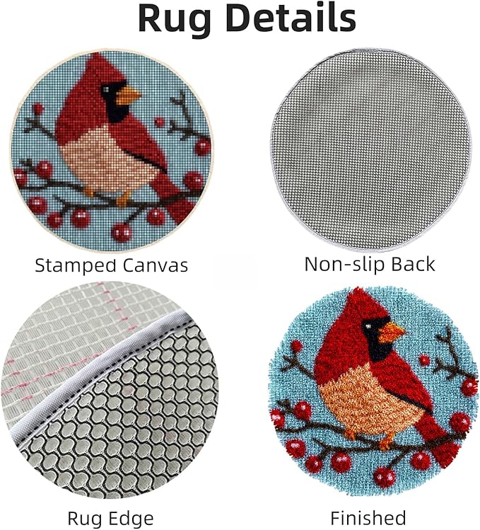 Latch Hook Rug Kit Cute Cartoon Red Cardinal Bird on Red Berry Tree Easy for Beginners Round Shape Carpet Crochet Yarn Craft Mini Rug DIY Hook and Latch Little Tapestry for Home Decor 30x30cm-3