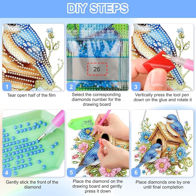 QENSPE Blue Bird Diamond Art Hanging Kits for Adults, 5D Special Shape Diamond Paingting Ornaments Kits with Chain, DIY Flowers Crystal Window Pendants for Home Garden Wall Decor Double Sided 8X8 inch