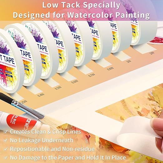 2 Packs Art Tape, Artist Tape for Watercolor Paper Low Tack White Painters Tape for Drafting Art Painting Canvas Framing Acid Free Masking Tape-0.8IN Wide 198FT Long Total